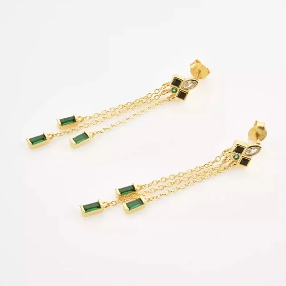 GOLD PLATED STERLING SILVER ART DECO MID CENTURY MODERN EMERALD ONYX DANGLE - Picture 8 of 10